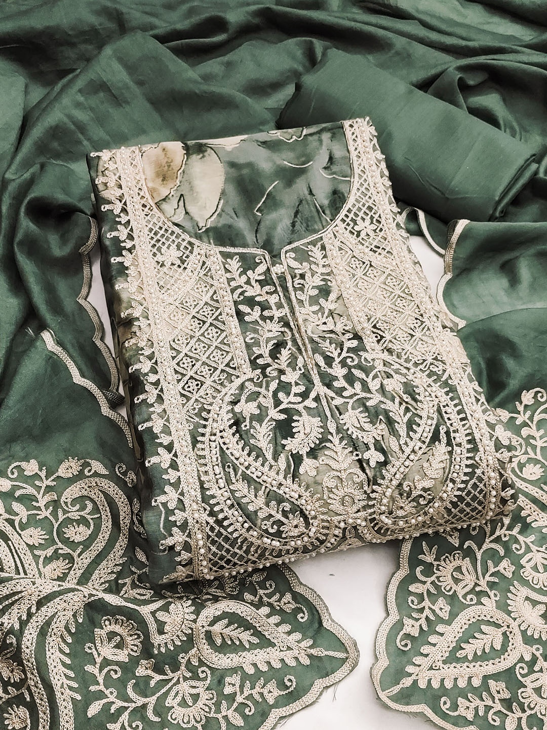 

Maroosh Ethnic Motifs Printed Zari Unstitched Dress Material, Sea green