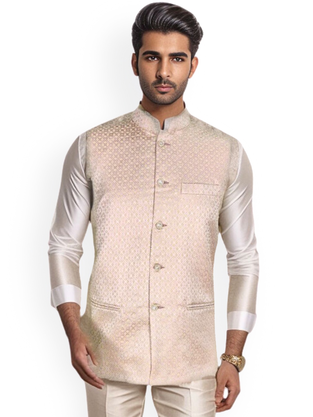 

Blacksmith Woven Design Nehru Jacket, Pink