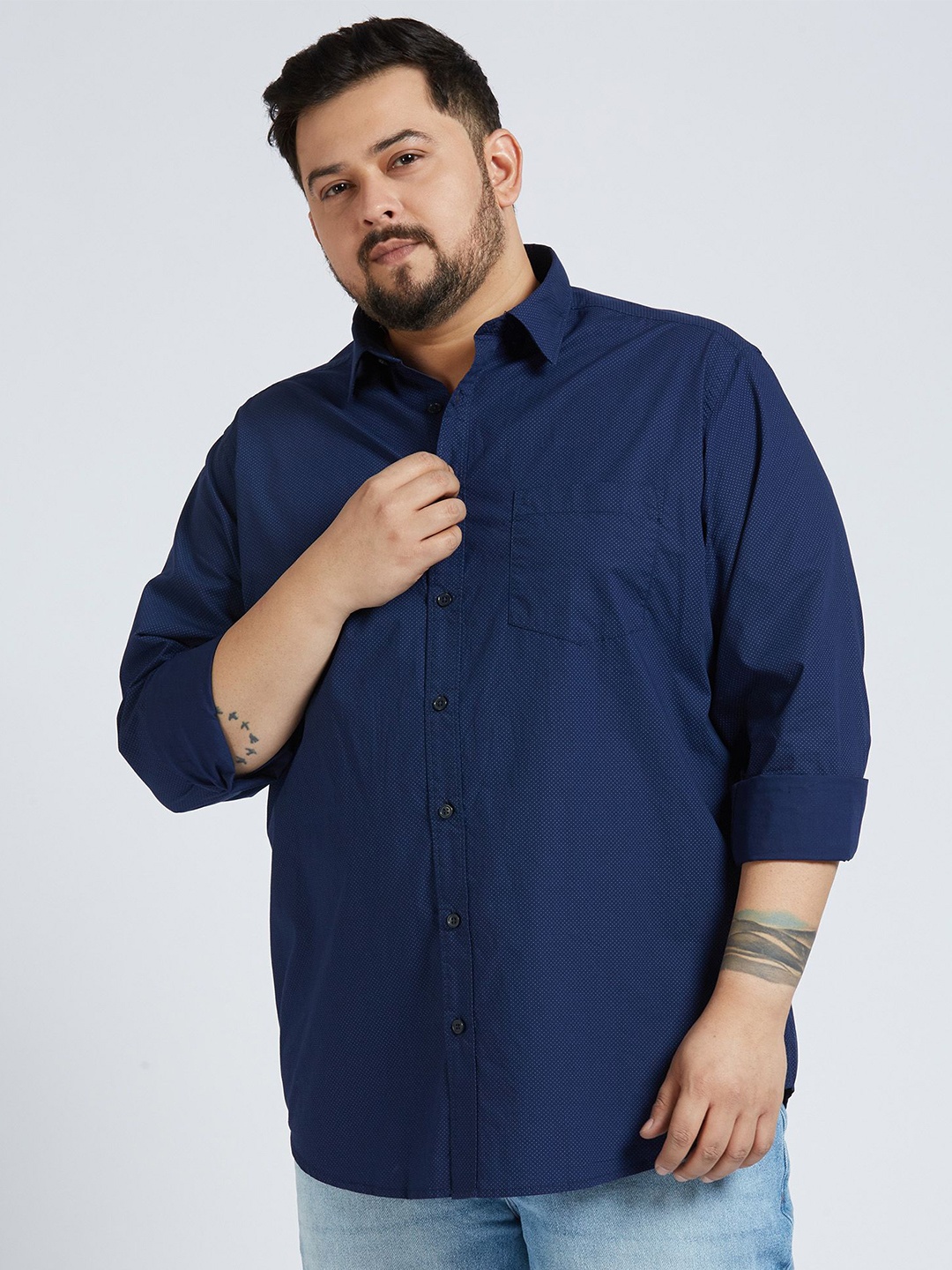 

Sizeupp Men Plus Size Standard Oversized Fit Spread Collar Textured Cotton Casual Shirt, Navy blue