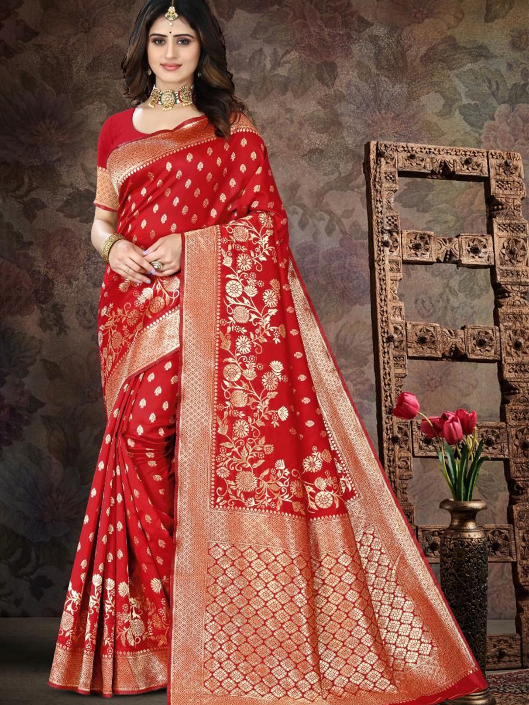 

F FASHION Floral Printed Woven Design Zari Banarasi Saree, Red