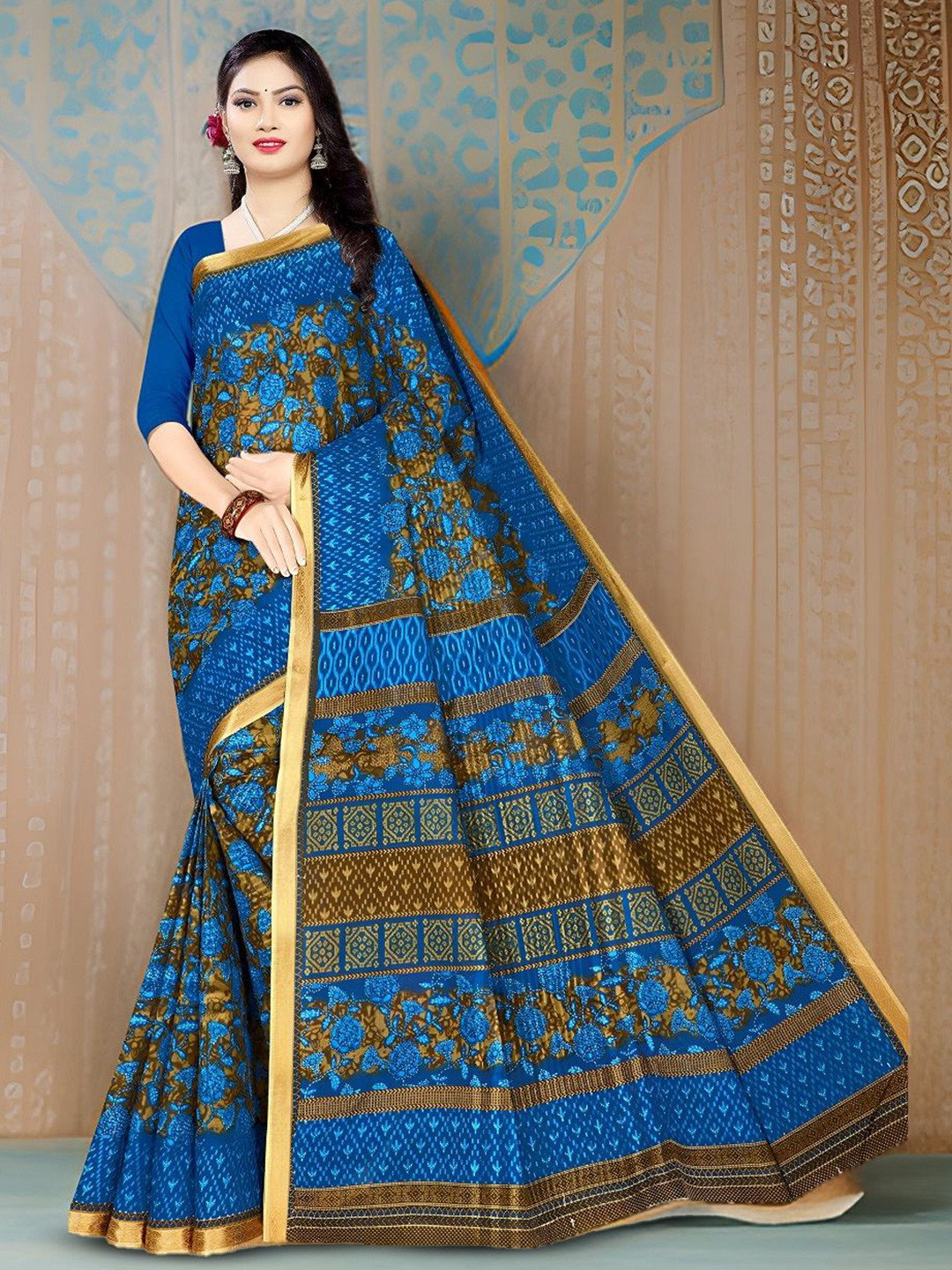 

VEERJI SAREES Floral Printed Pure Cotton Gadwal Saree, Blue