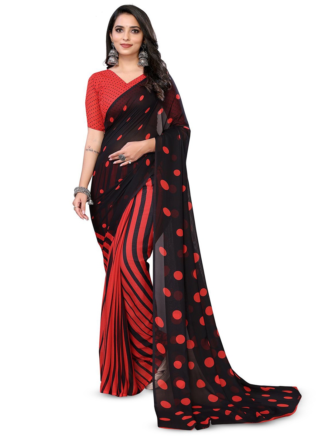 

Moda Rapido Polka Dot Poly Georgette Saree, Red