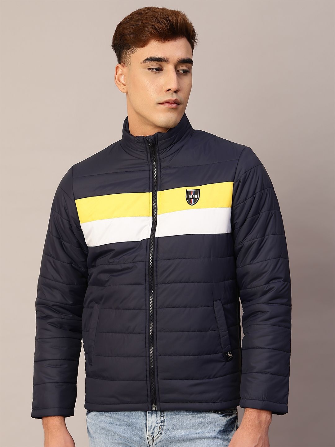 

TQS Men Colourblocked Windcheater Puffer Jacket, Navy blue