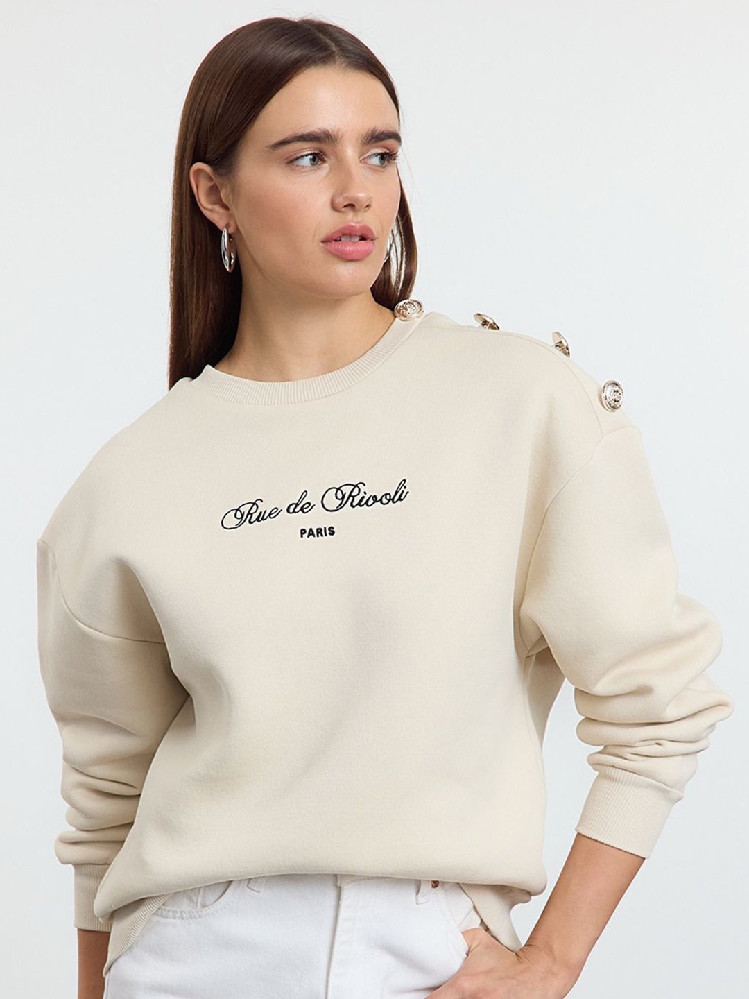 

Trendyol Women Round Neck Sweatshirt, Cream