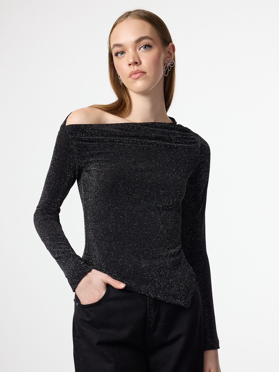 

Trendyol Women Embellished Fitted Top, Black
