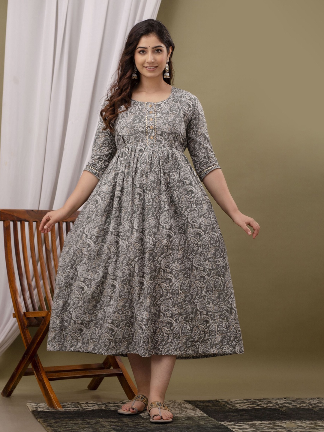 

FEMARY Ethnic Motifs Printed Cotton Maternity Midi Dress, Grey