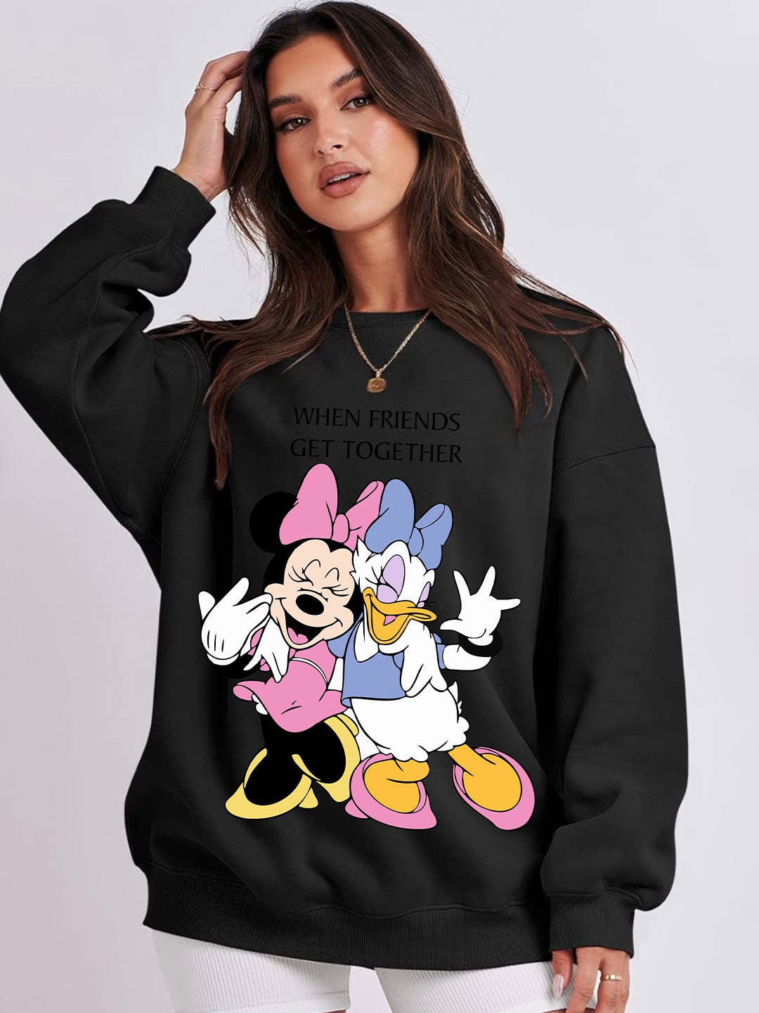 

RAYACLOSET Women Printed Oversize Sweatshirt, Black