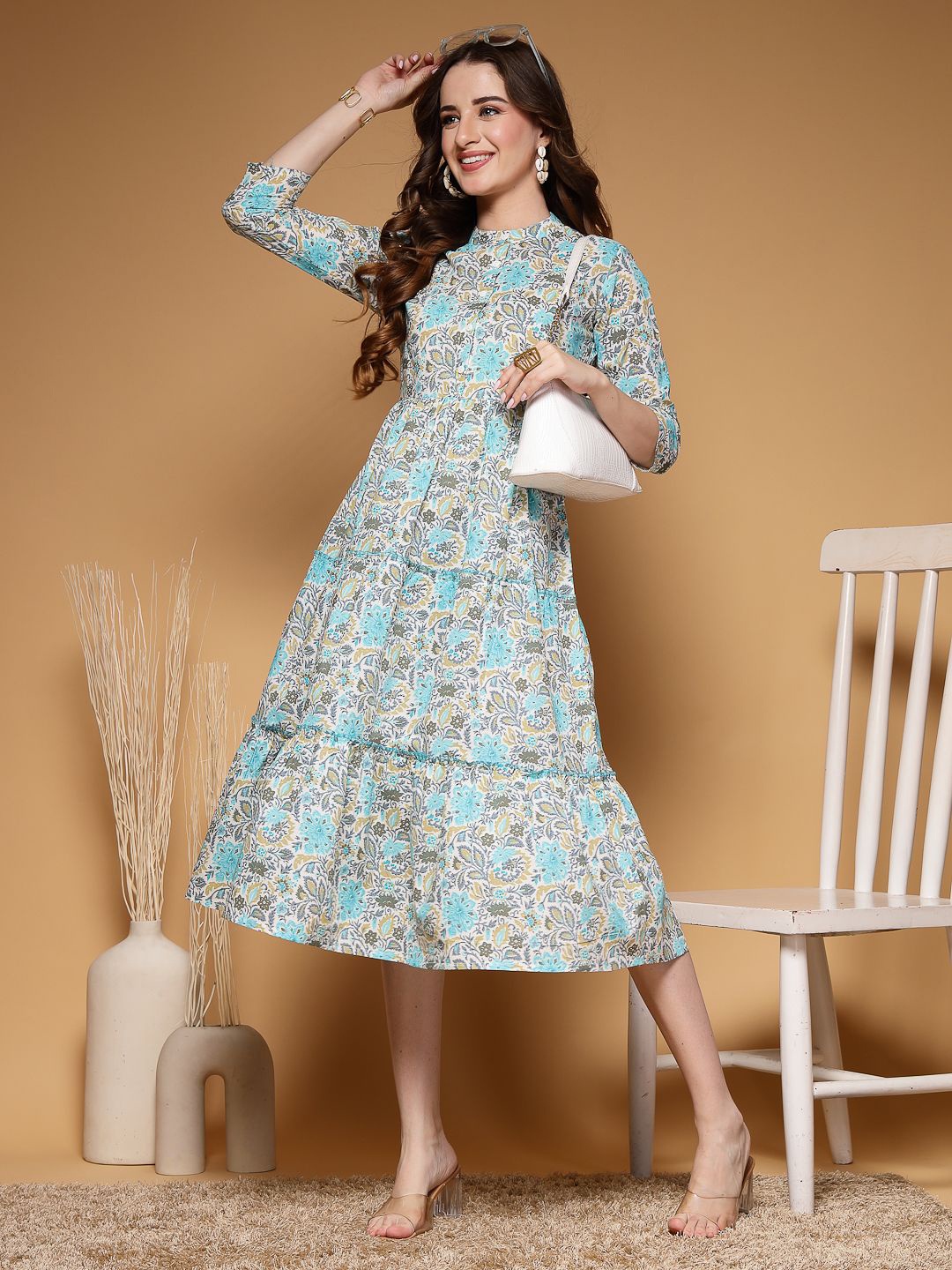 

SUBAGI FASHION Women Floral Printed Cotton Fit & Flare Midi Dress, Blue