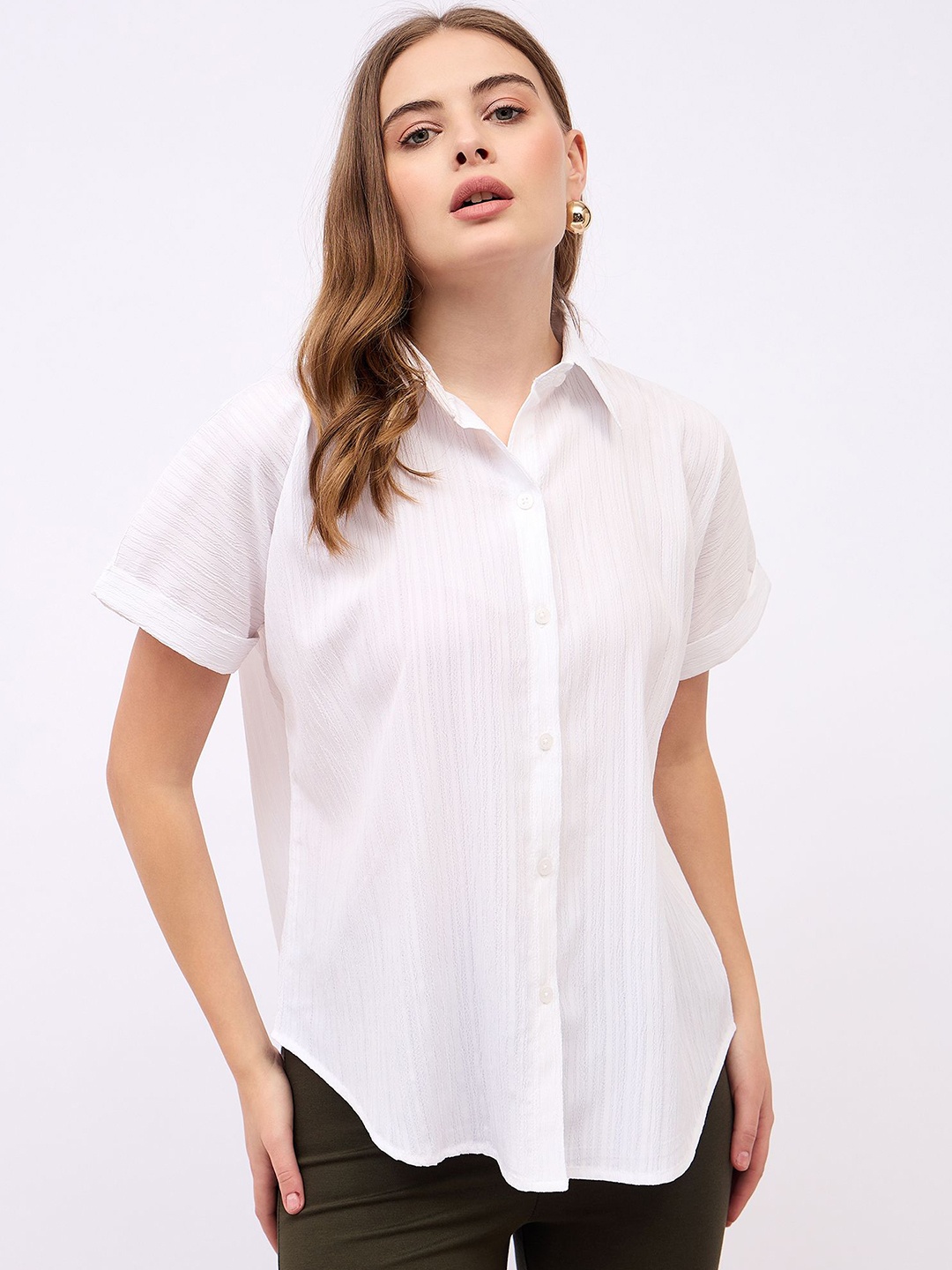 

Styli Women Spread Collar Textured Cotton Casual Shirt, White