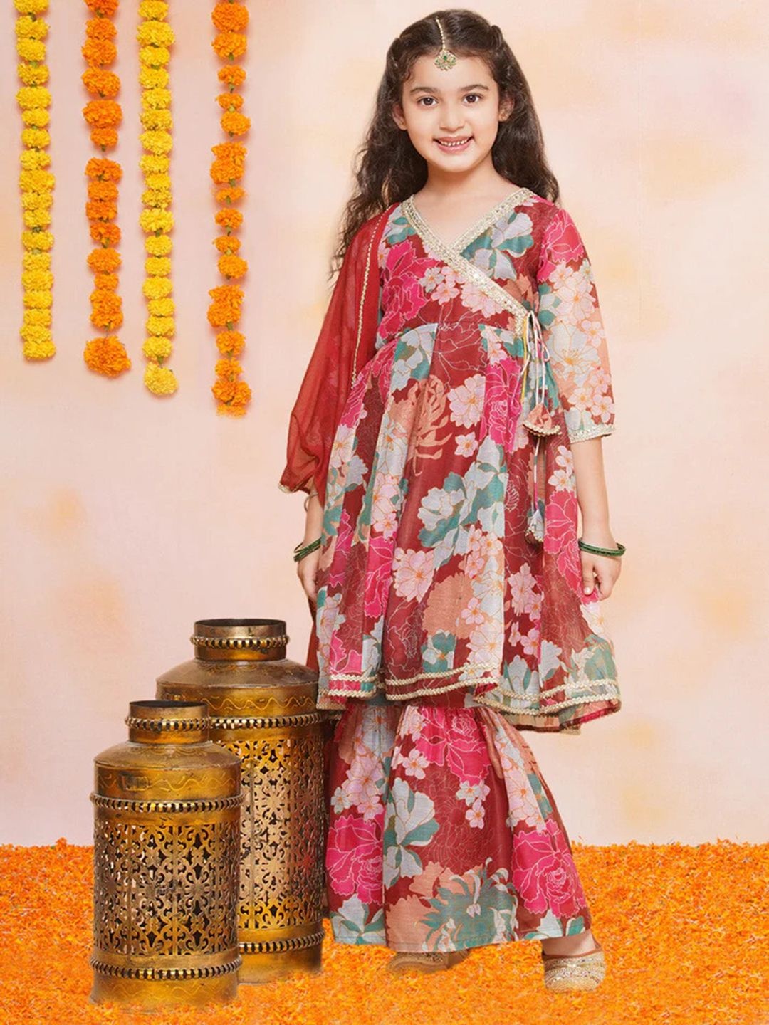 

BAESD Girls Printed Angrakha Gotta Patti Pure Cotton Kurta With Sharara With Dupatta Set, Maroon