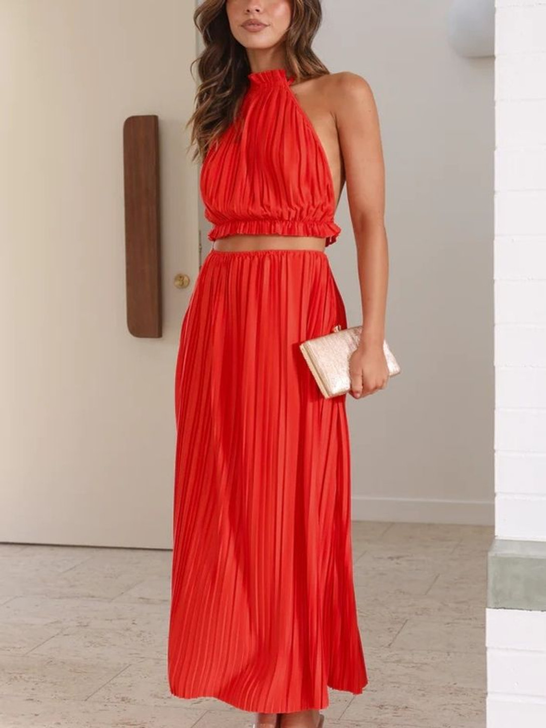 

LULU & SKY Women Solid Halter Neck Crop Top & Maxi Skirt, Red