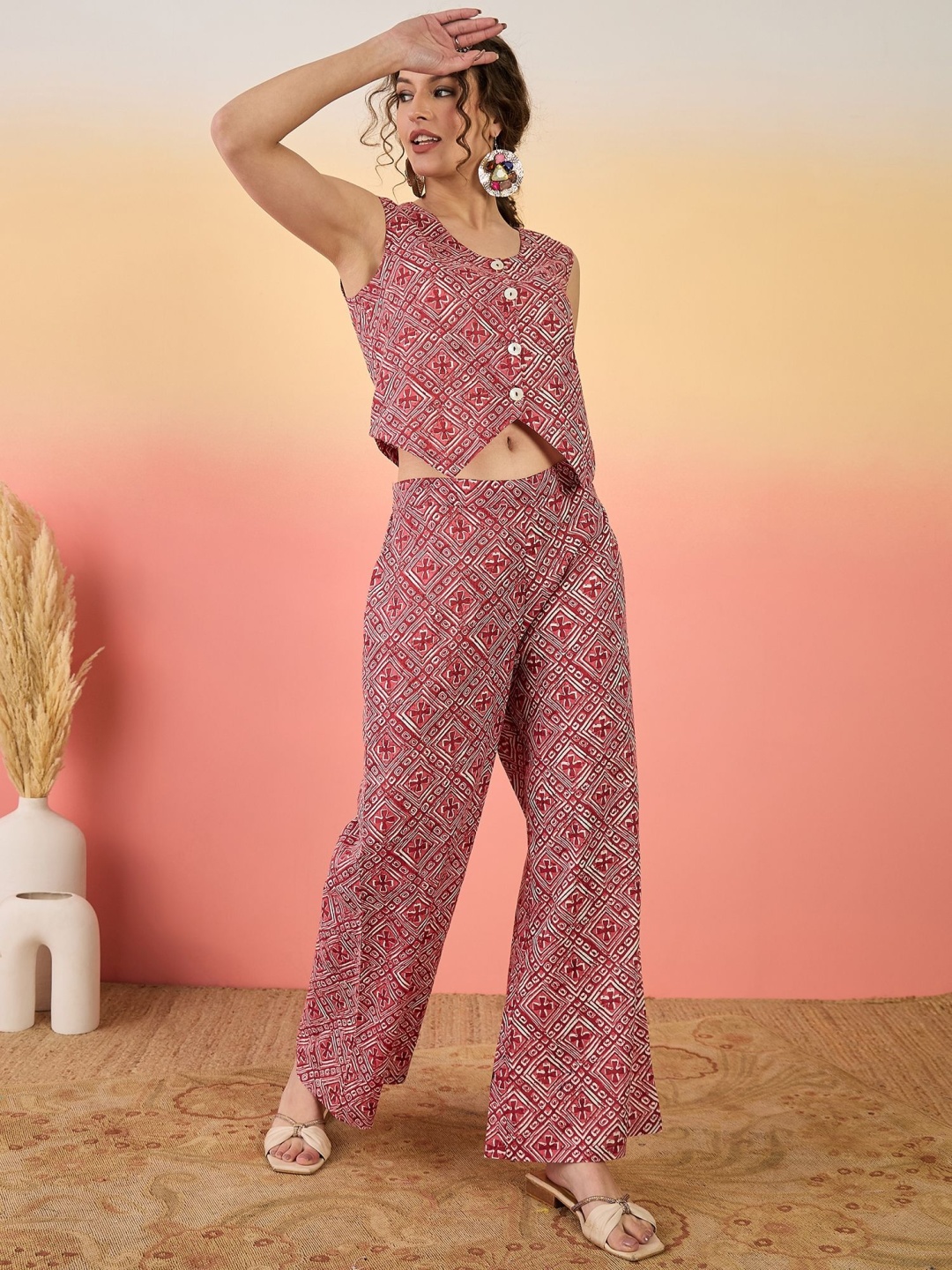 

Sangria Red And White Geometric Printed Pure Cotton V-Neck Top With Trousers