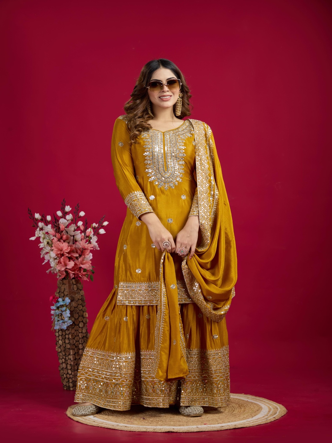 

BHARODIYA ENTERPRISES Floral Embroidered Sequinned Straight Kurta With Palazzos & Dupatta, Yellow