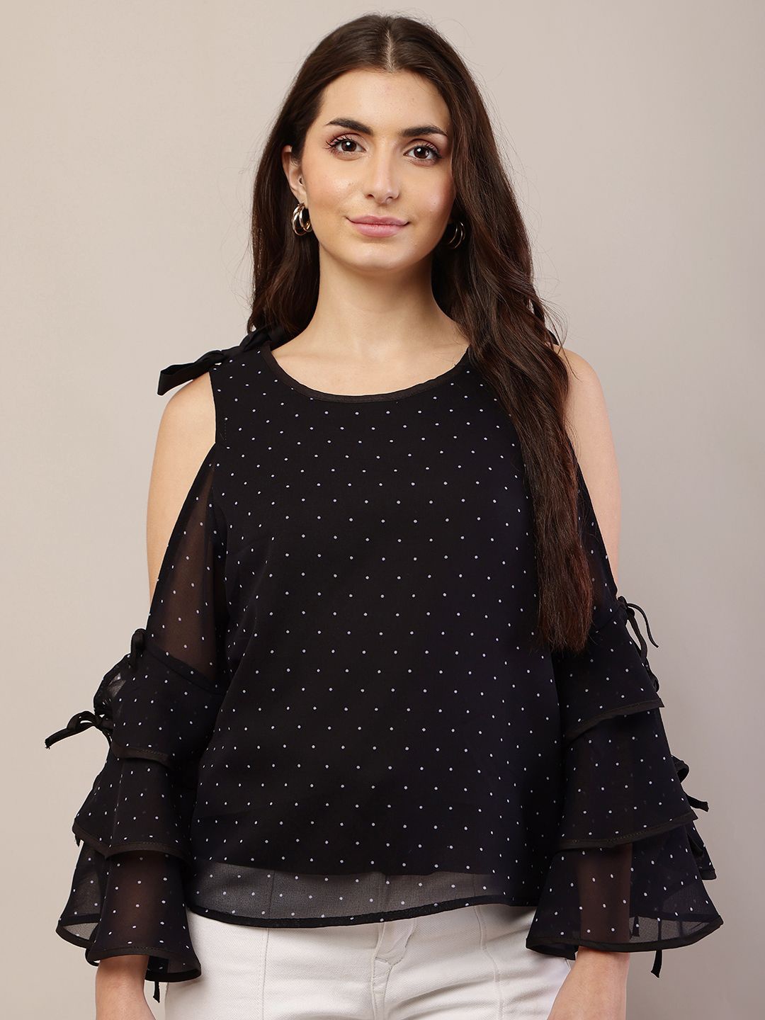 

Raabta Fashion Polka Dot Print Cold-Shoulder Georgette Top, Black