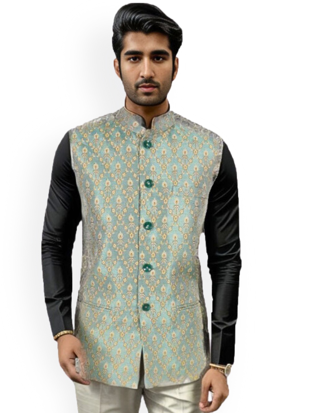 

Blacksmith Woven Design Nehru Jacket, Green