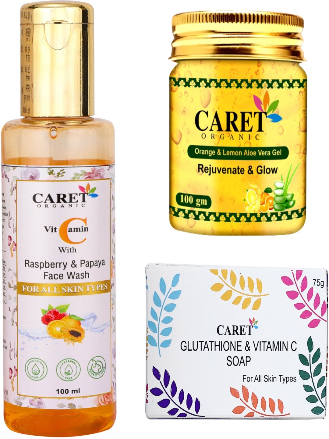 

CARET ORGANIC Set Of 3 Face Wash 100 ml, Aloevera Gel 100 ml & Glutathione Soap 75 g, White