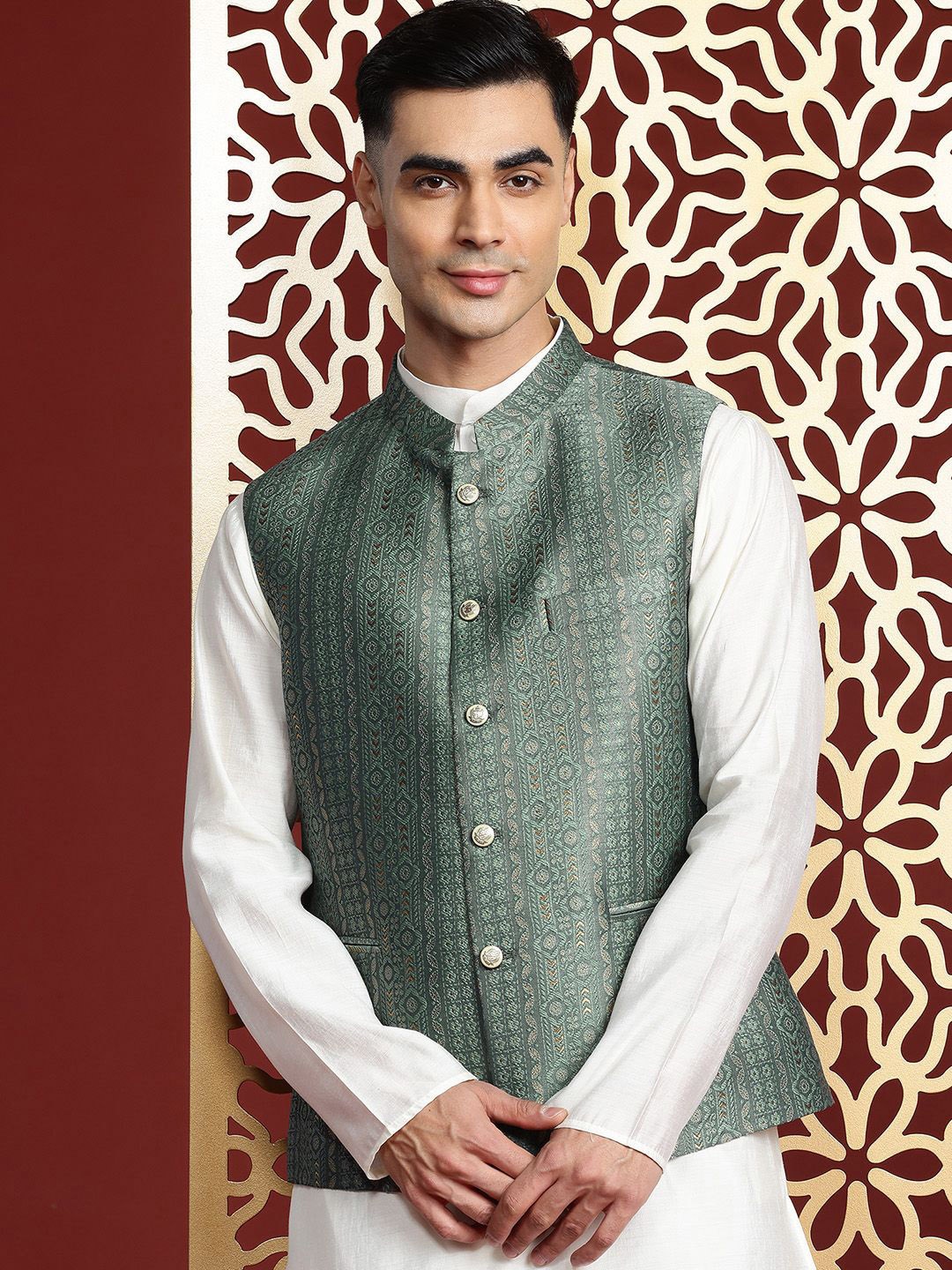 

MANQ Ethnic Motifs Woven Design Nehru Jacket, Teal