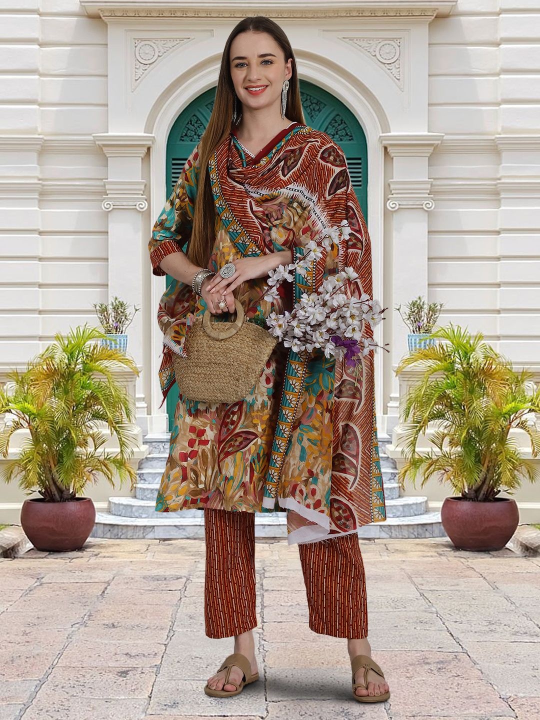 

Moda Rapido Floral Printed V-Neck Straight Kurta With Trouser And Dupatta, Brown