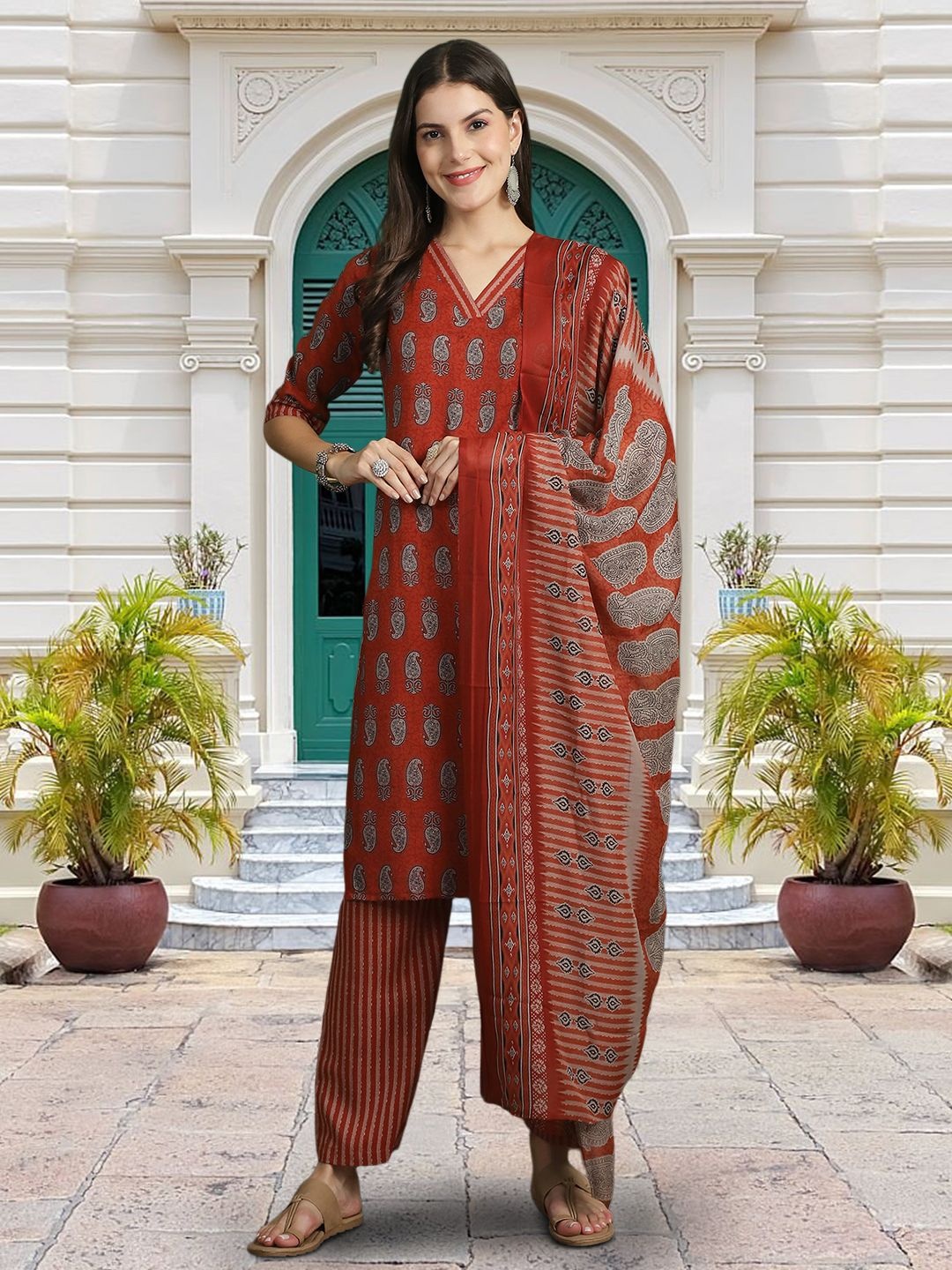 

Moda Rapido Floral Printed V-Neck Straight Kurta With Trouser And Dupatta, Red