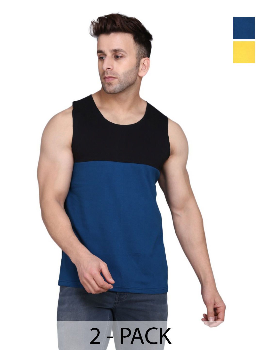 

WOOSTRO Men Pack Of 2 Solid Round Neck Cotton Slim Fit T-shirts, Blue