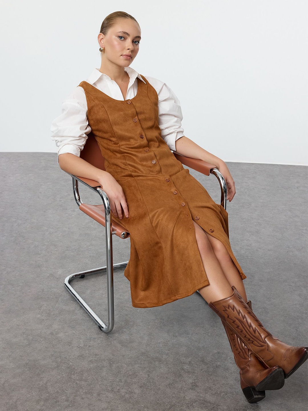 

Trendyol Scoop Neck A-Line Midi Dress, Brown