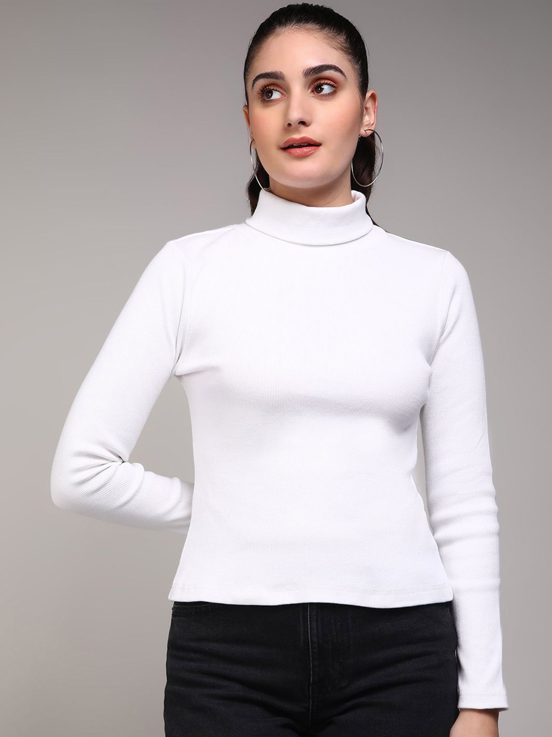 

The Roadster Lifestyle Co Women High Neck Long Sleeves Top, White