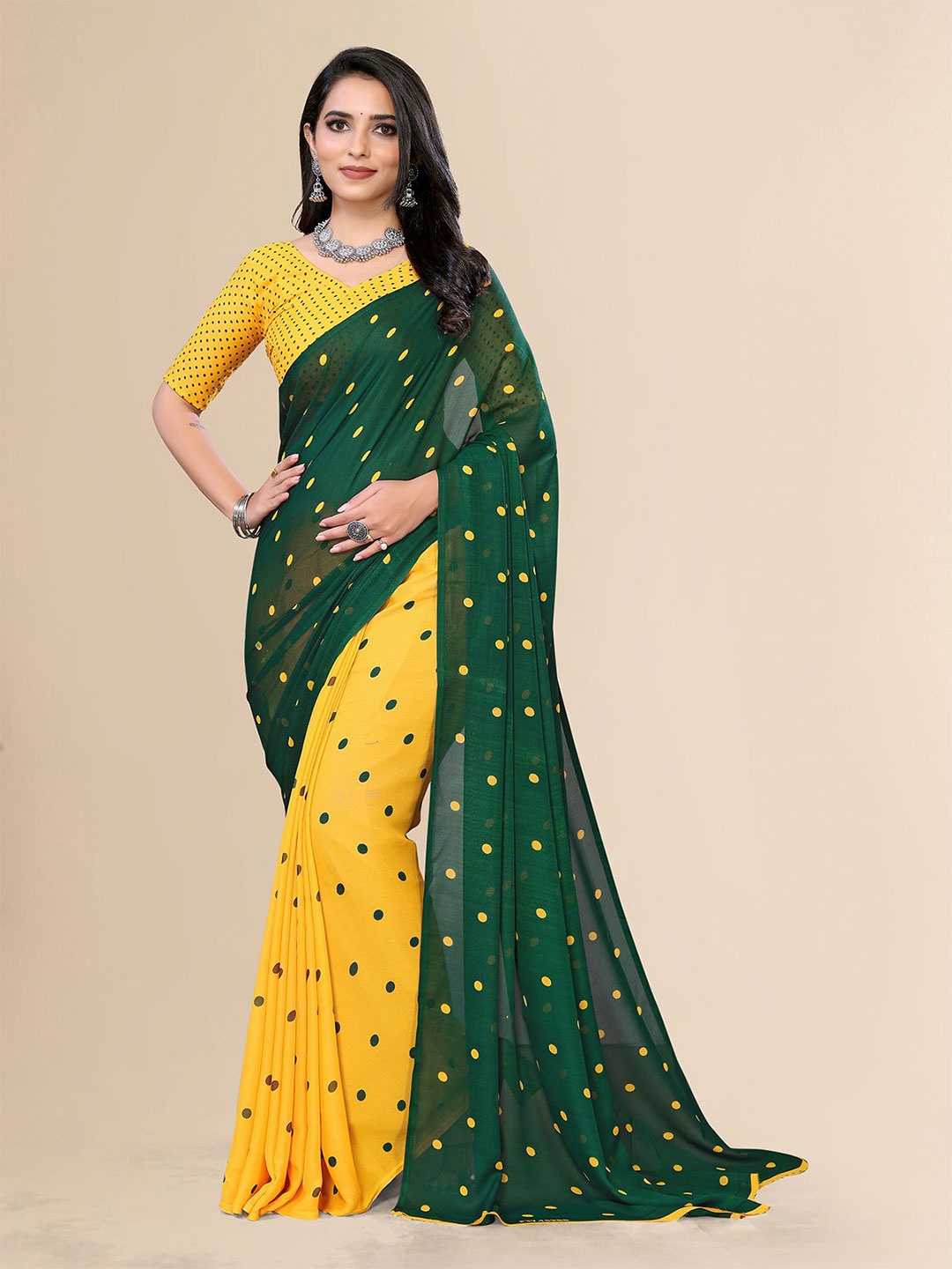 

Moda Rapido Polka Dot Printed Saree, Green