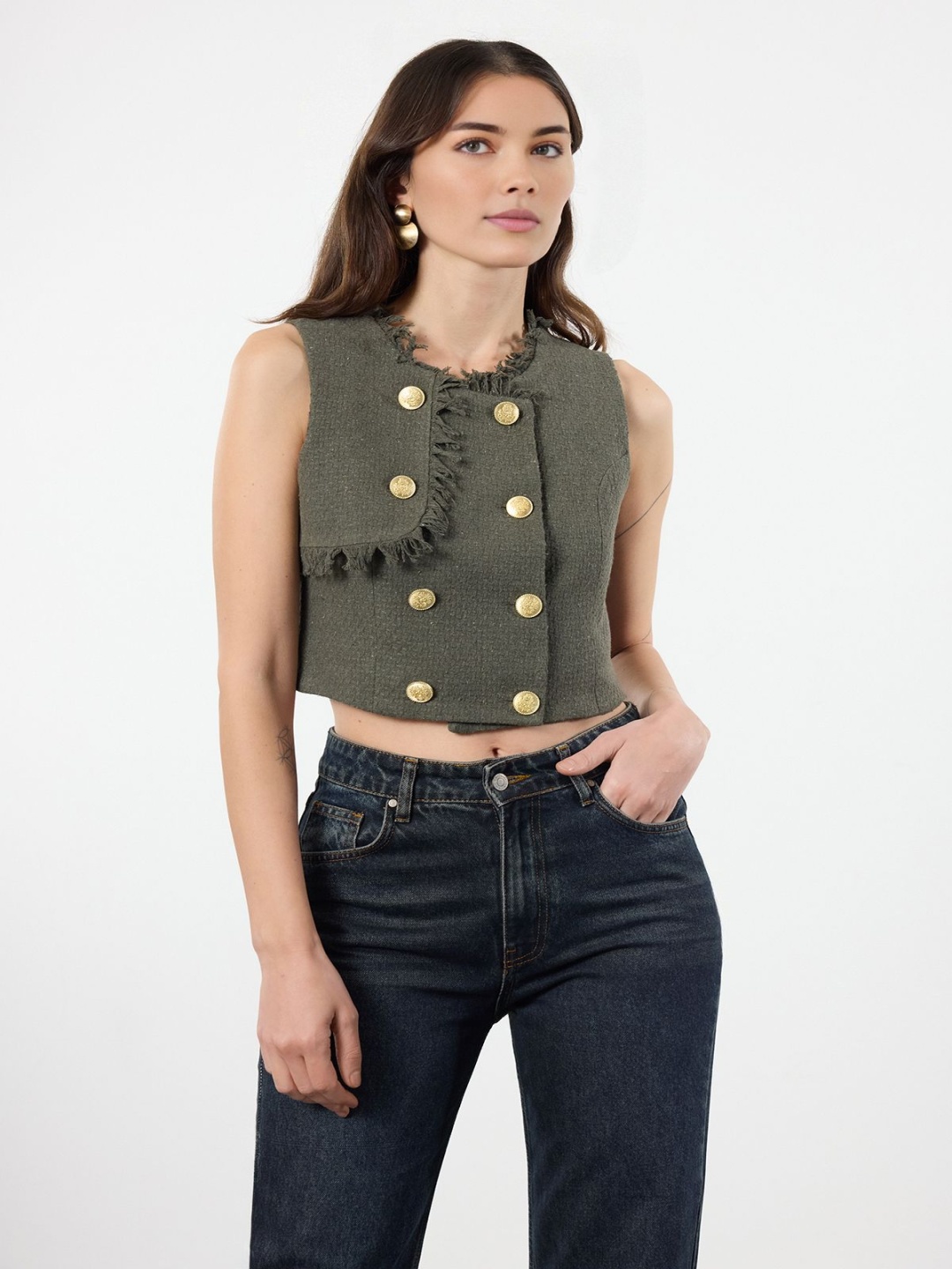 

Trendyol Round Neck Sleeveless Tweed Waistcoat, Khaki