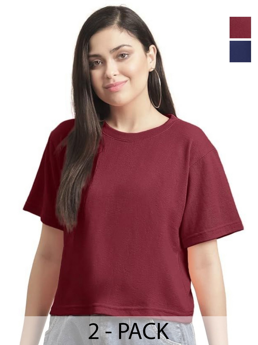 

NOTWILD Women Pack Of 2 Solid Round Neck Cotton T-shirts, Navy blue