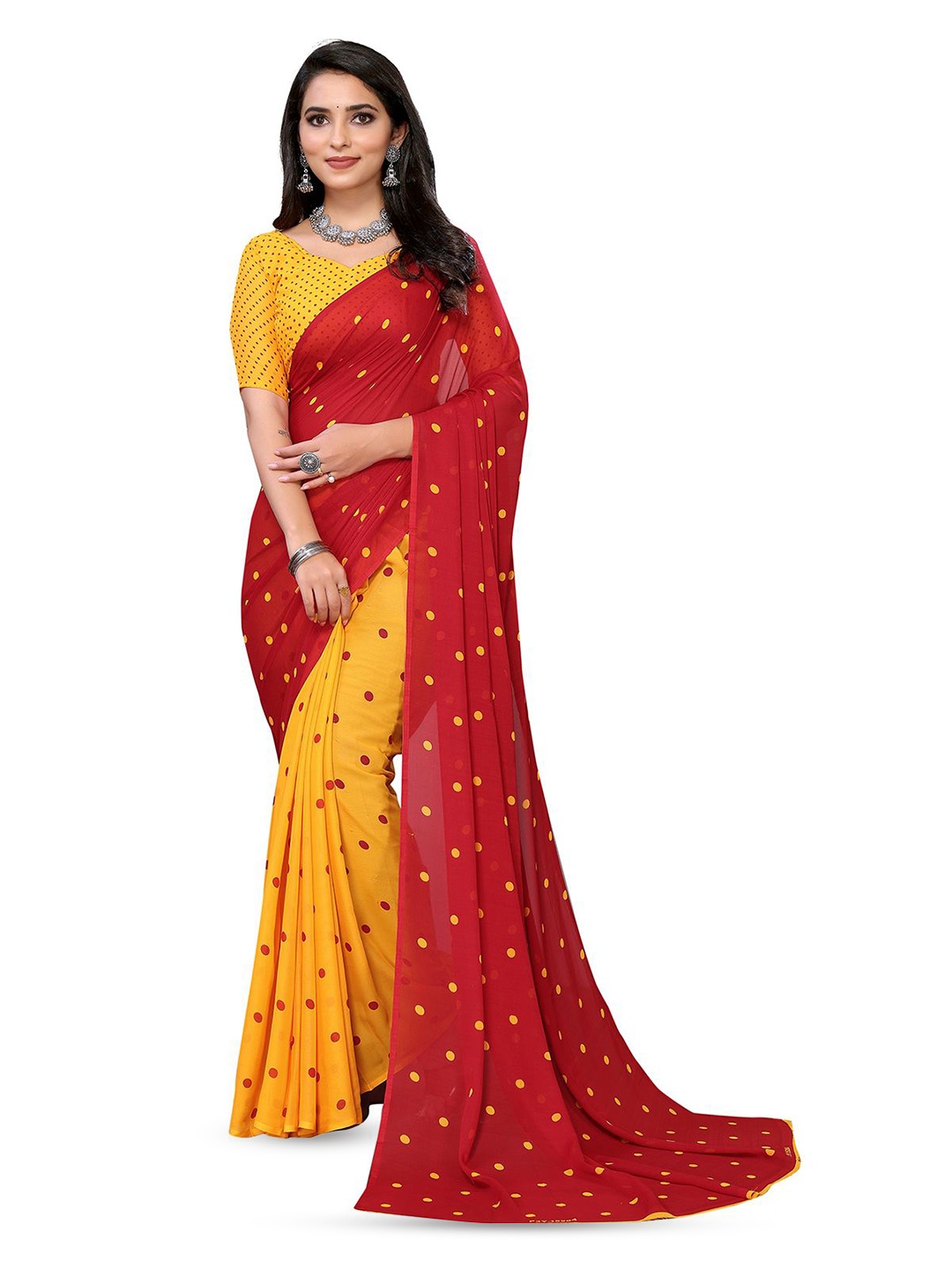 

Moda Rapido Polka Dots Printed Saree, Red