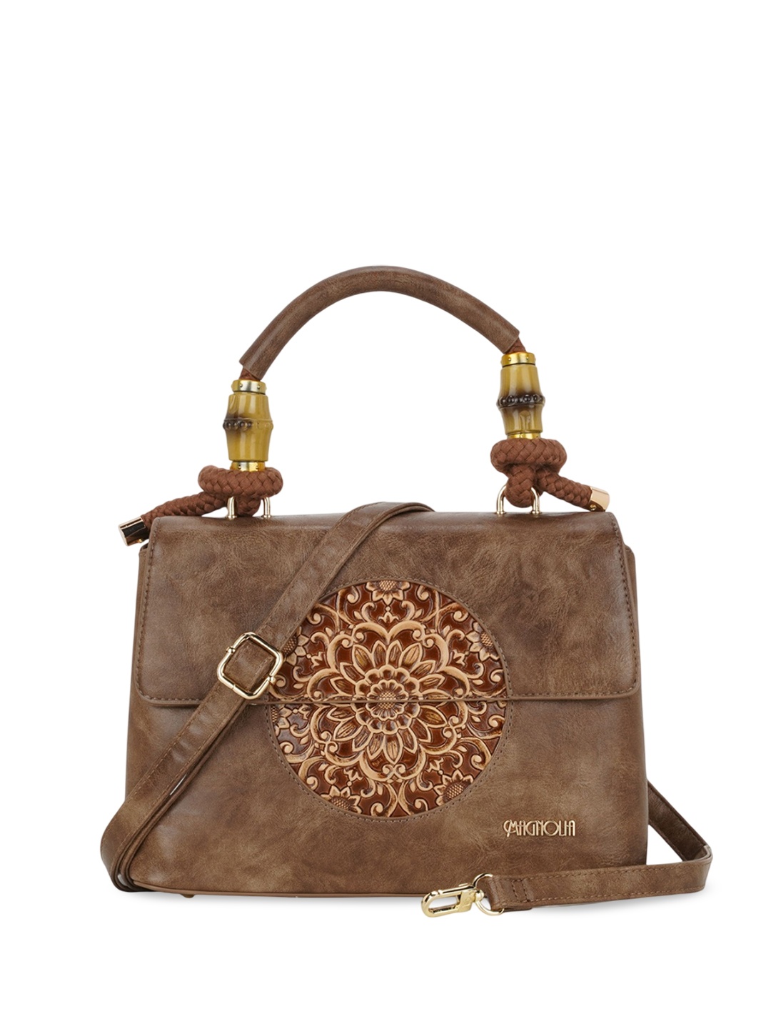 

MAGNOLIA Embellished PU Structured Satchel, Brown