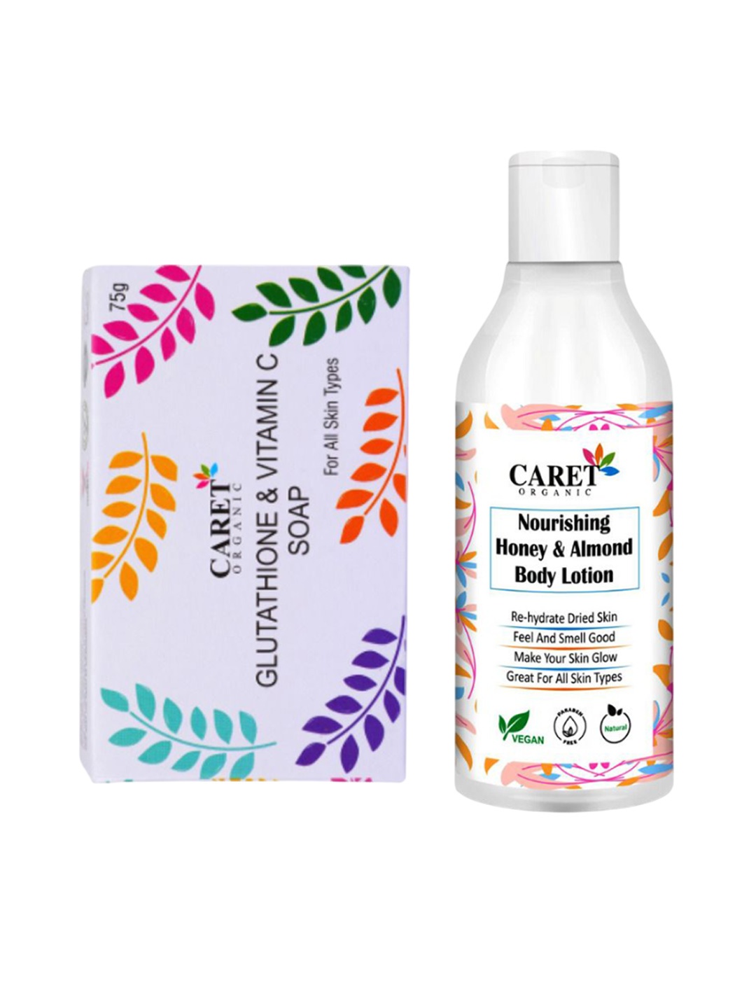 

CARET ORGANIC Set Of 2 Glutathione Soap- 75 g & Nourishing Almond Body Lotion- 250 ml, White
