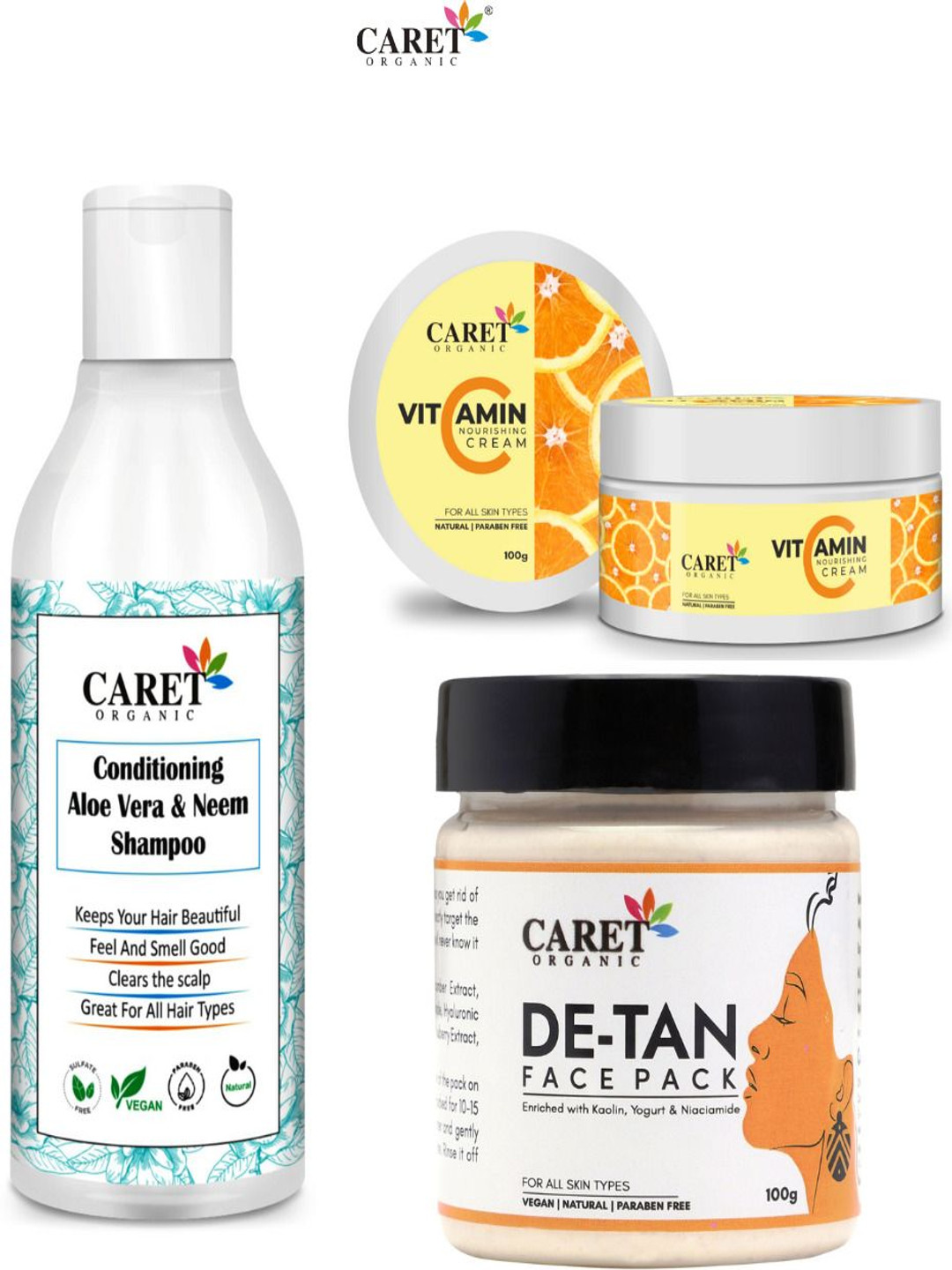 

CARET ORGANIC Set Of 3 Neem Shampoo - 300 ml, Vitamin C Cream & Face Pack - 100 ml Each, White