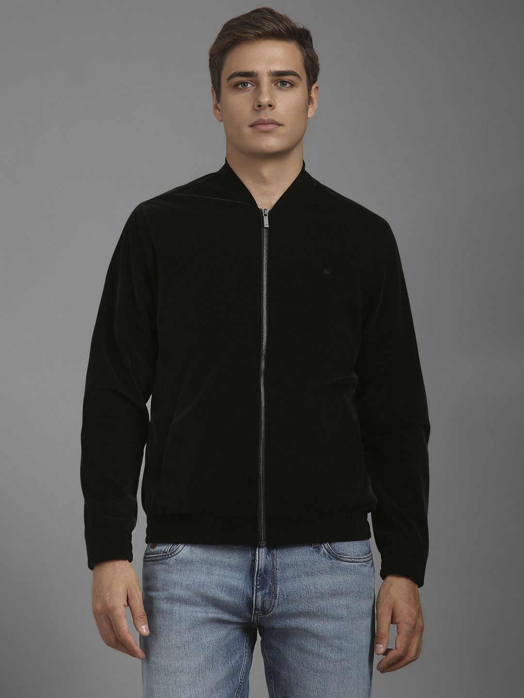 

Louis Philippe Men Stand Collar Solid Casual Bomber Jacket, Black