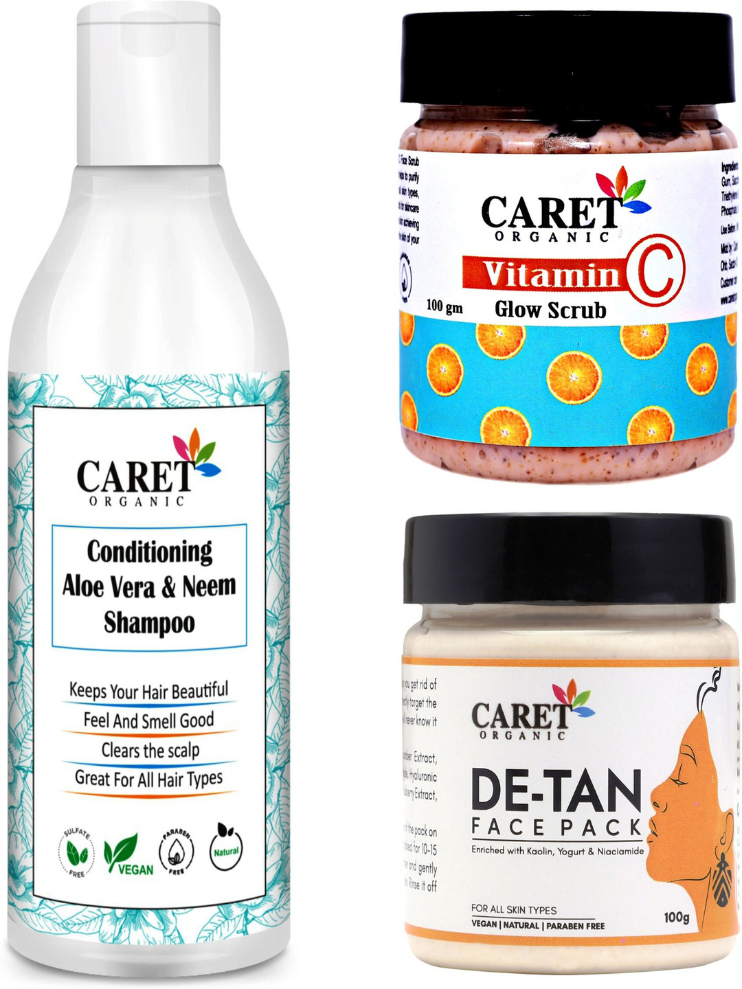

CARET ORGANIC Set Of 3 Aloevera & Neem Shampoo, Vitamin C Scrub & De-Tan Face Pack, White
