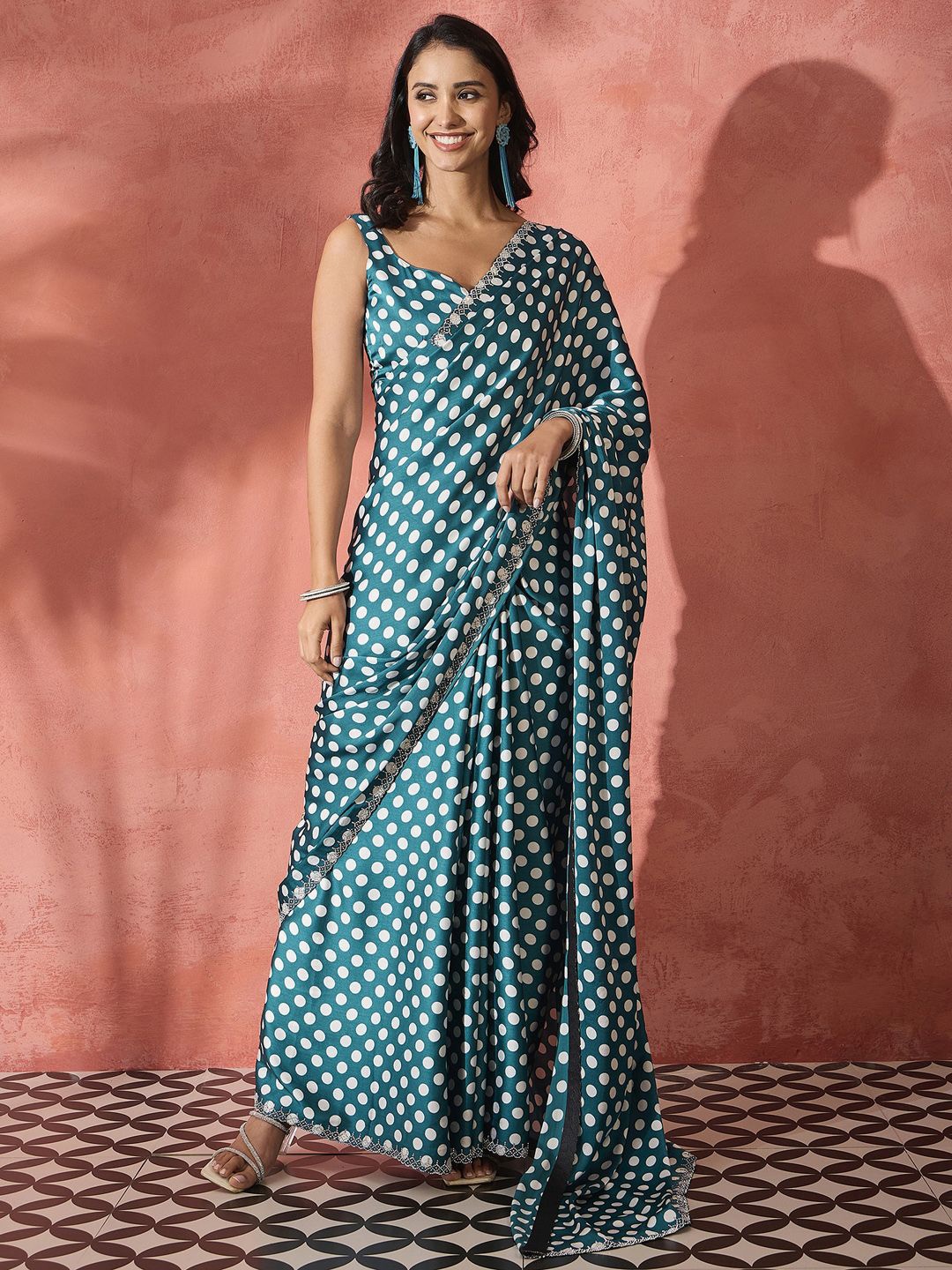 

Sangria Polka Dot Printed Party Wear Saree, Teal