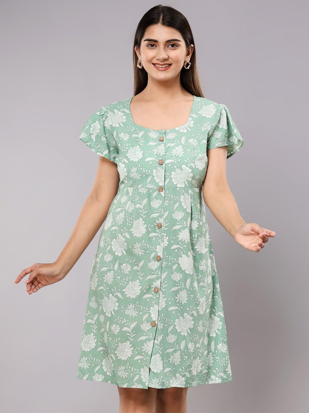 

Handish Floral Print Puff Sleeve A-Line Midi Dress, Green