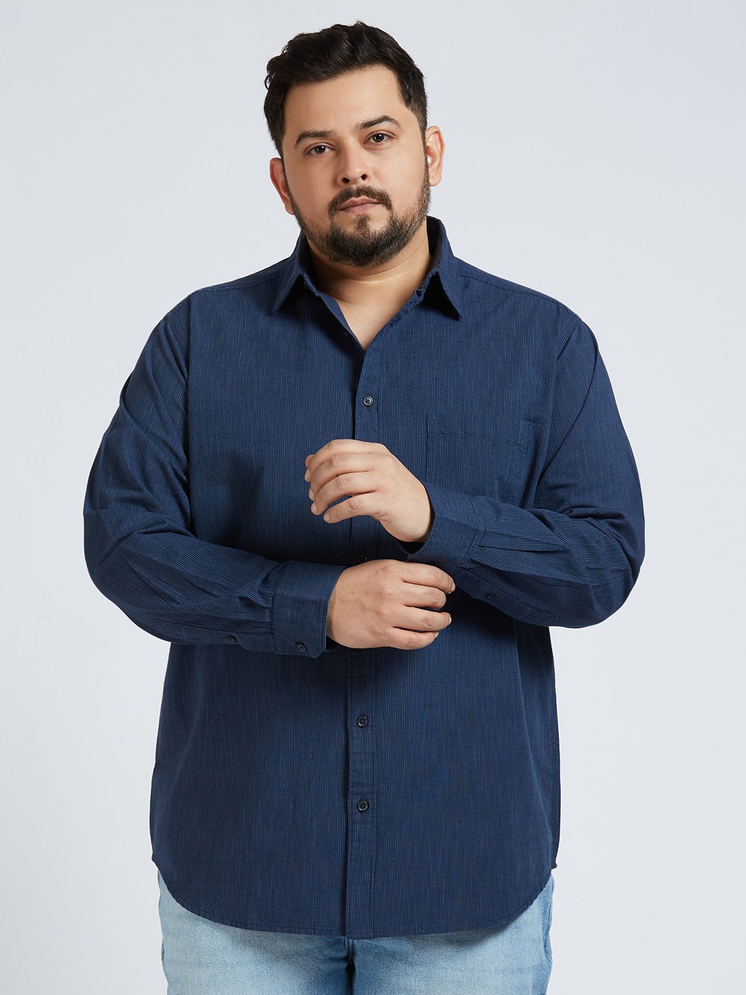 

Sizeupp Men Plus Size Standard Oversized Fit Vertical Striped Cotton Casual Shirt, Navy blue