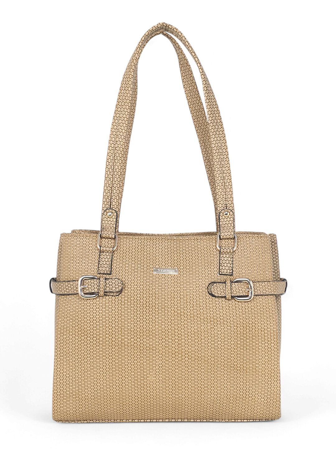 

Stamp Women Textured Structured Handheld Bag, Beige