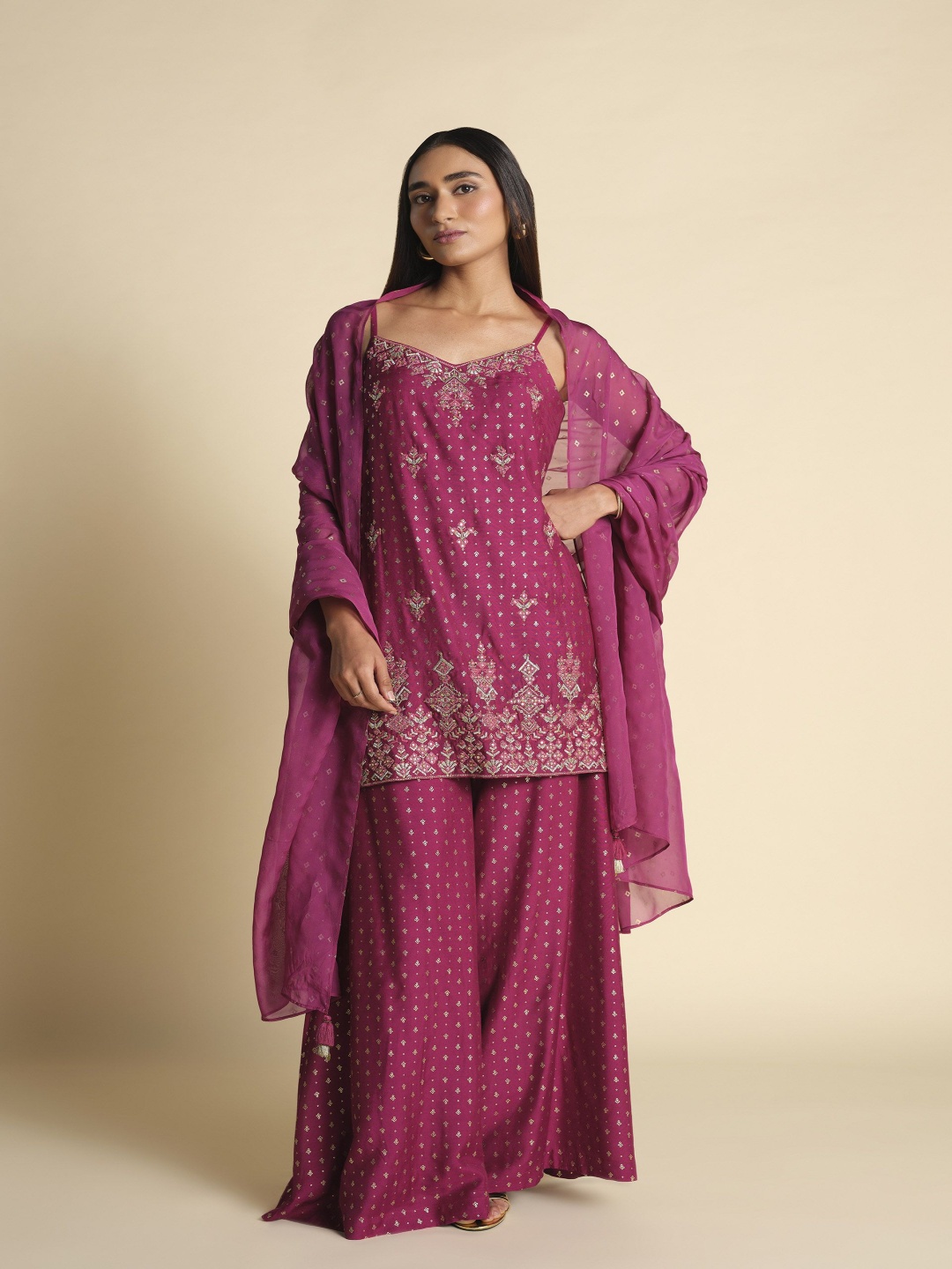 

Global Desi Floral Printed Mirror Work Regular Straight Kurta With Palazzos & Dupatta, Purple