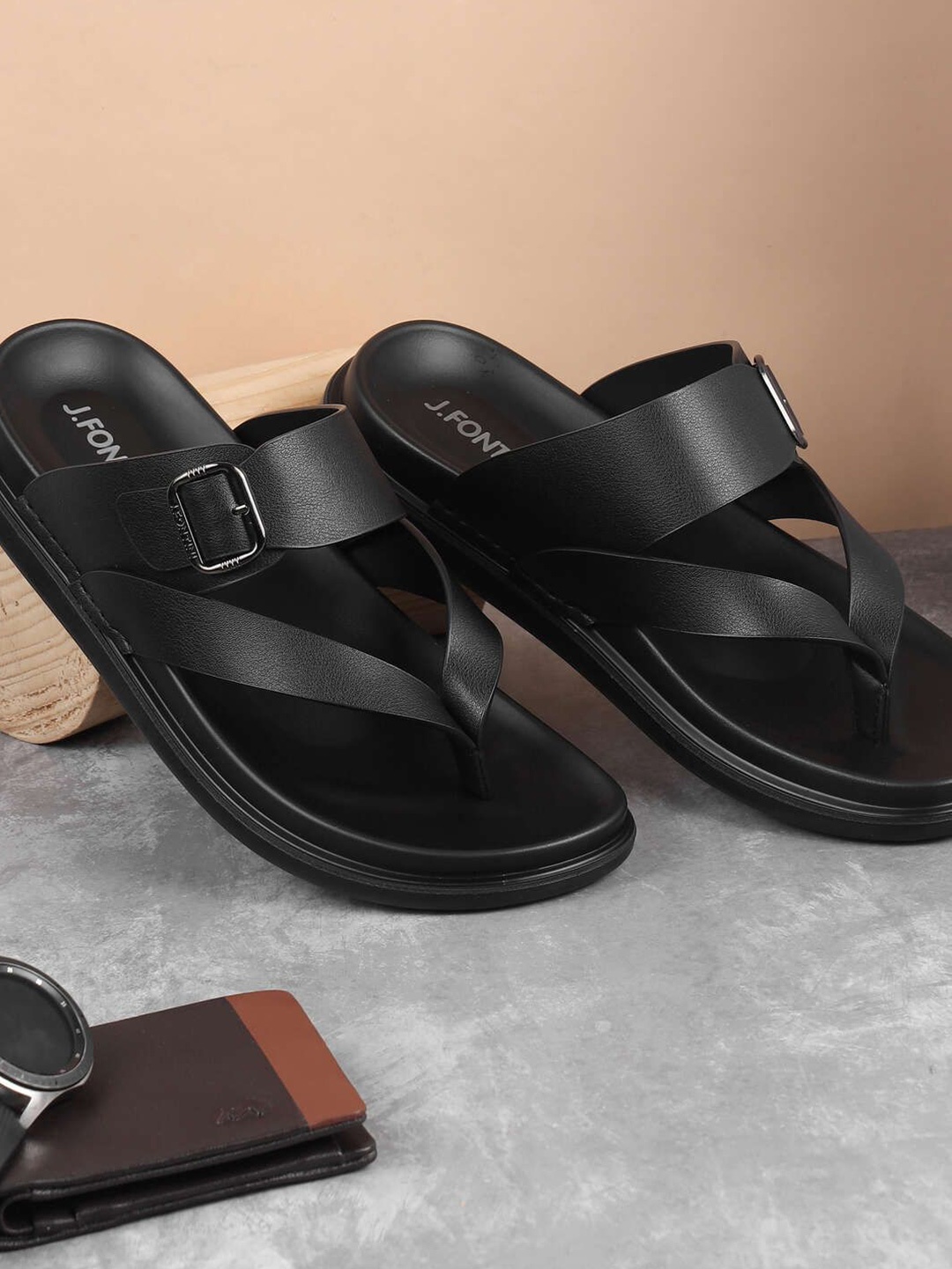 

J.FONTINI Men Comfort Sandals With Buckle, Black