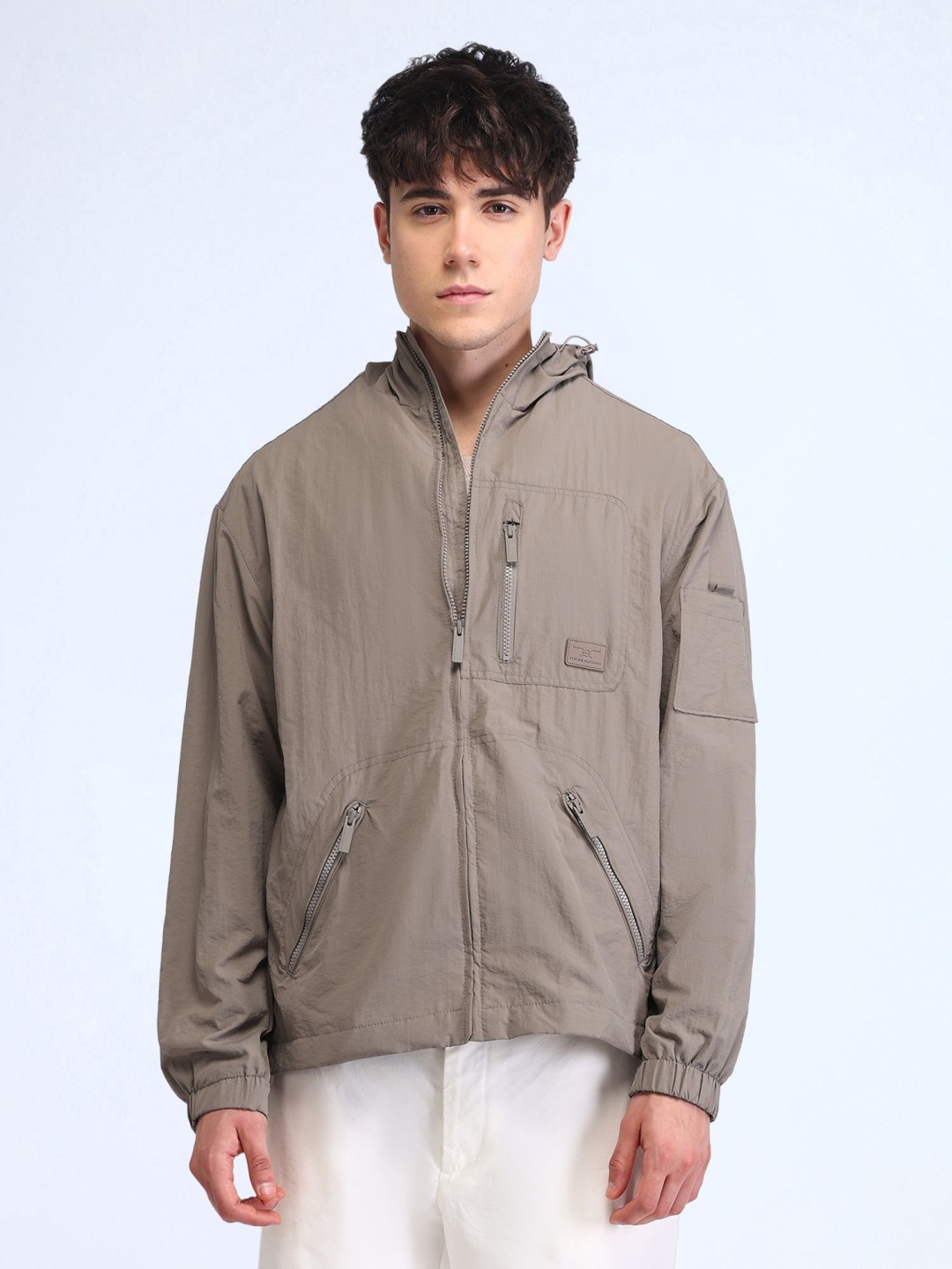 

Flying Machine Men Hooded Solid Casual Bomber Jacket, Taupe