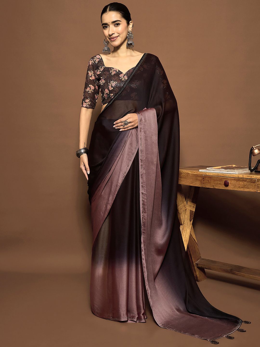 

Saree mall Colourblocked Sequinned Ready to Wear Sarees, Purple