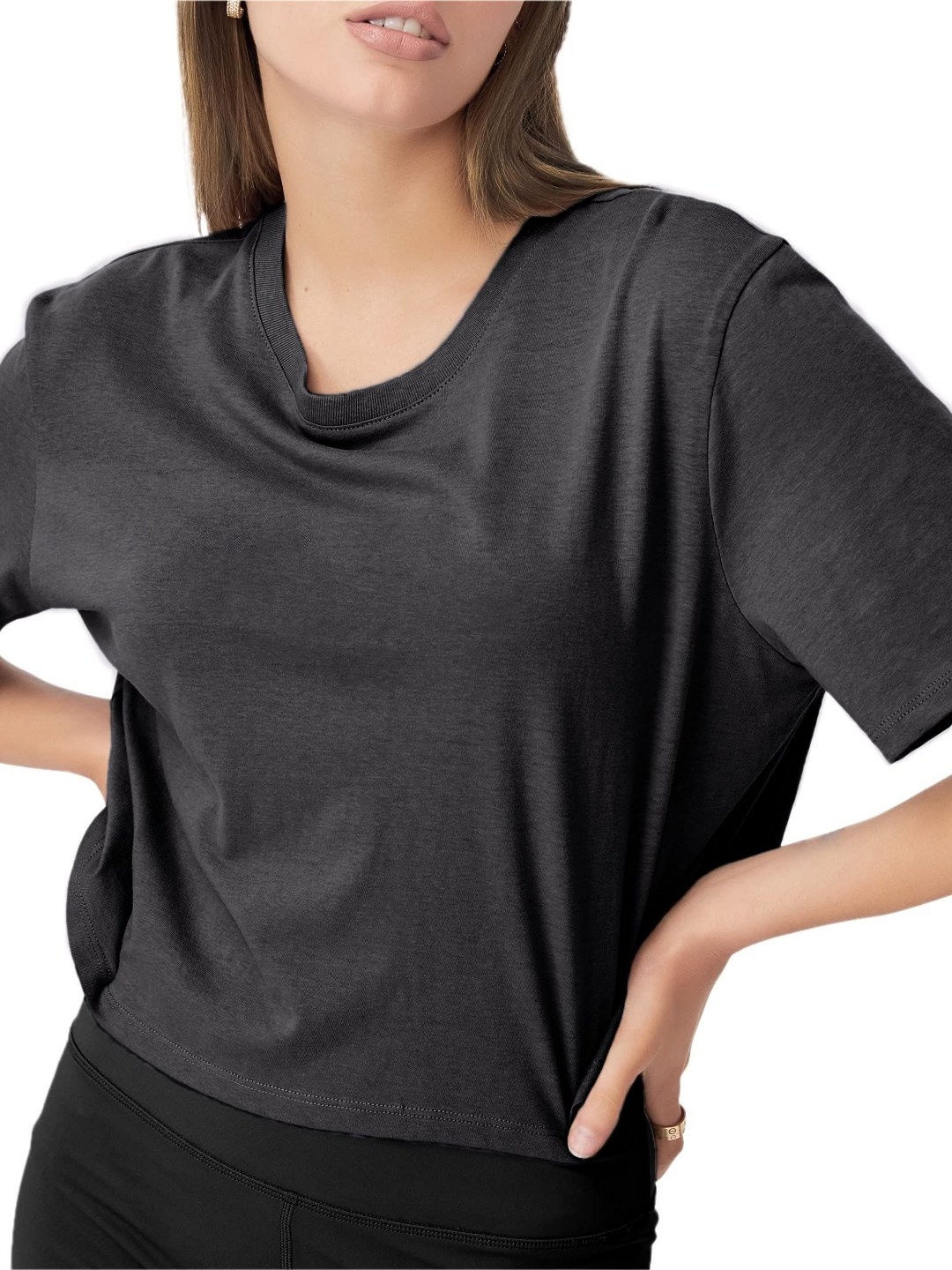 

NOTWILD Women Solid Round Neck Cotton T-shirt, Black