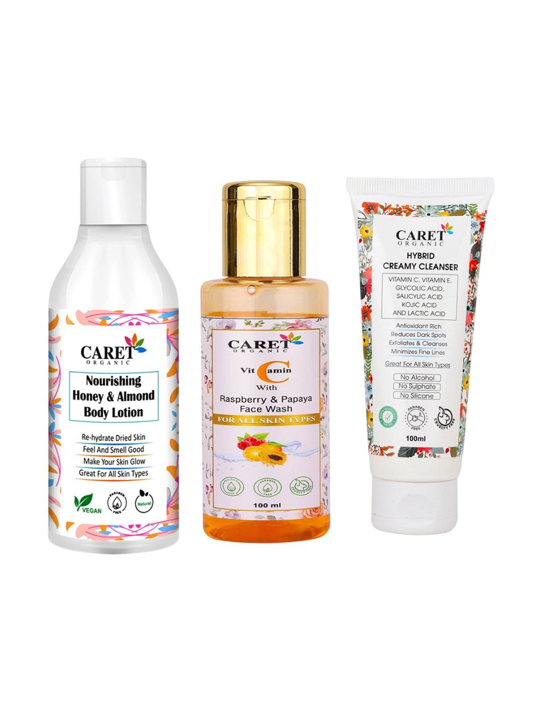 

CARET ORGANIC Set Of 3 Body Lotion 250 ml ,Vitamin C Cleanser & Face Wash - 100 ml Each, White