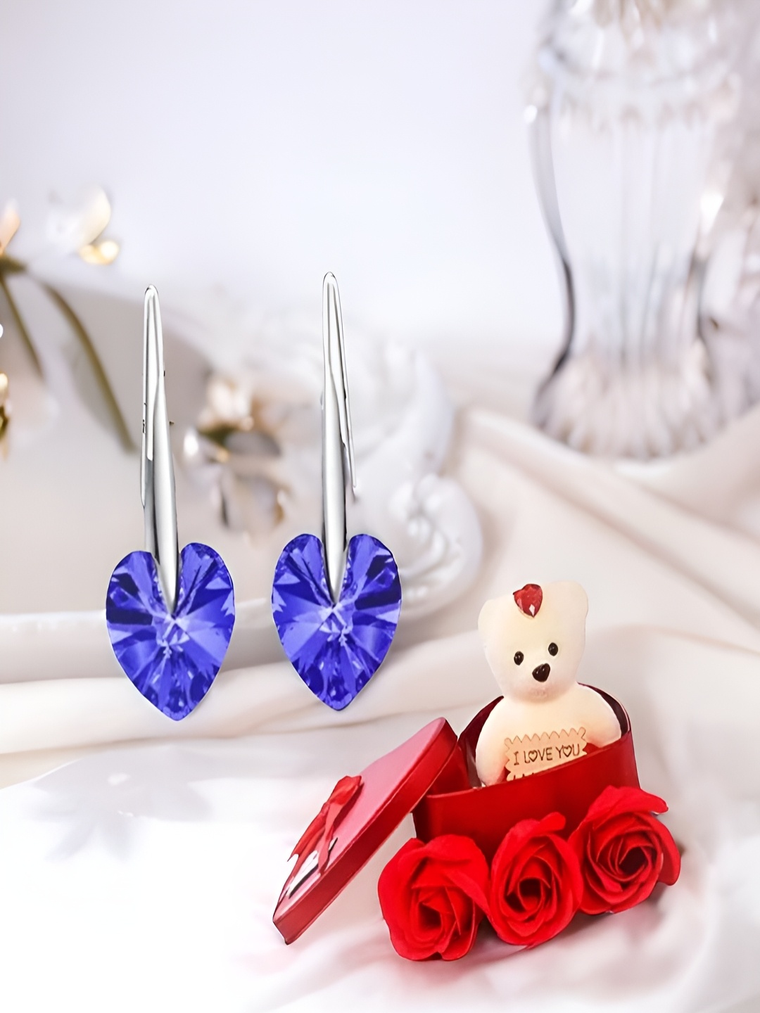 

UNIVERSITY TRENDZ Silver-Plated Heart Stud Drop Earrings With White Teddy Bear Gift Set
