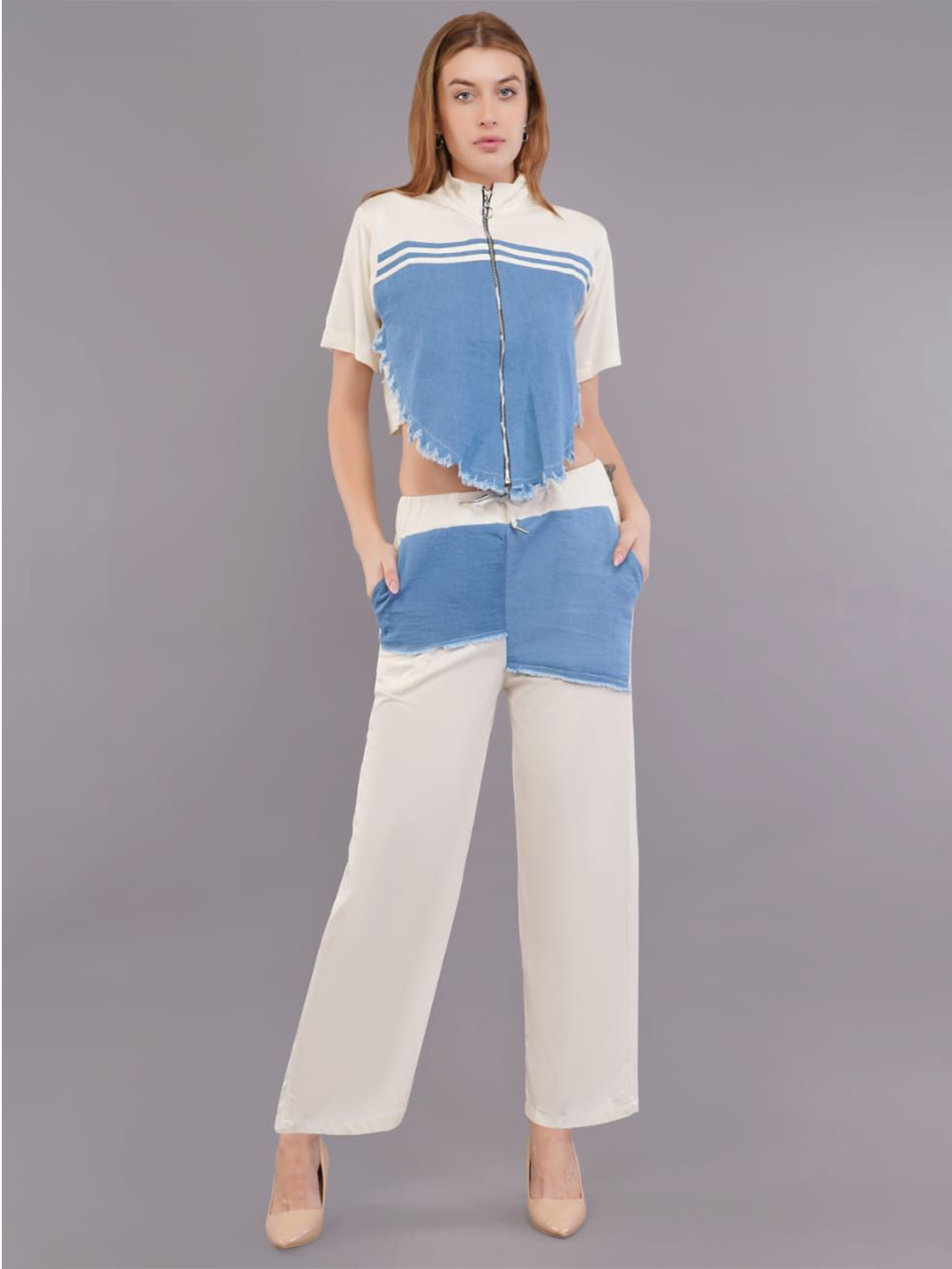 

HIGH BUY Colourblocked High Neck Denim Top With Trousers, White
