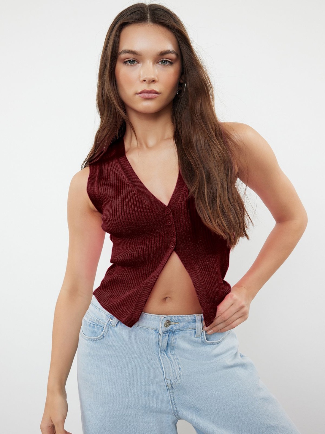 

Trendyol Bordo V-Neck Sleeveless Waistcoat, Burgundy