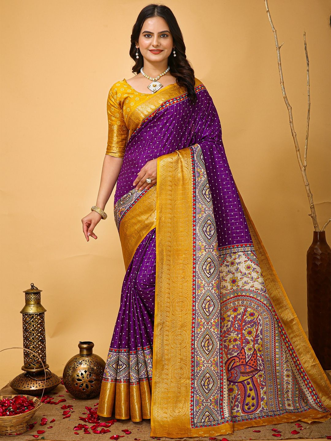 

KALINI Ethnic Motifs Zari Printed Sungudi Saree, Purple