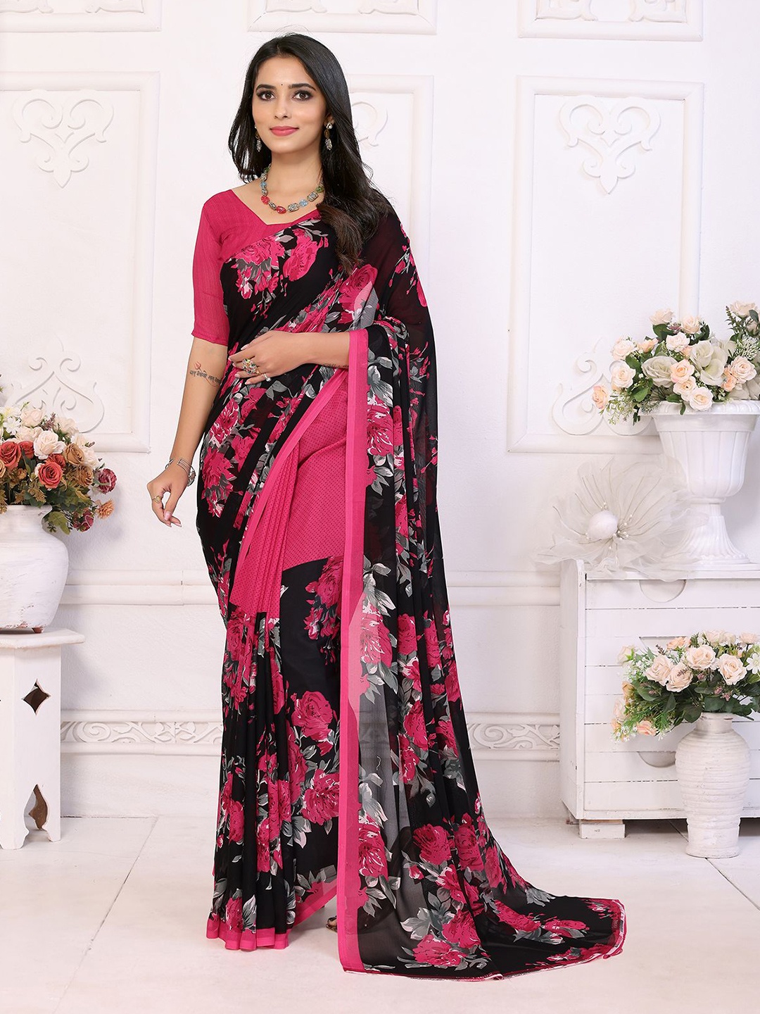 

Moda Rapido Floral Printed Saree, Pink